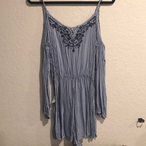 Hollister blue romper, off the shoulder w/ sleeves